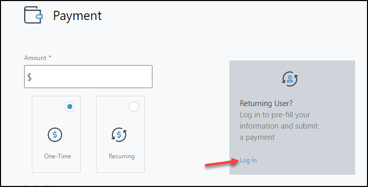 Screenshot of Returning User gray box with Log In link indicated.