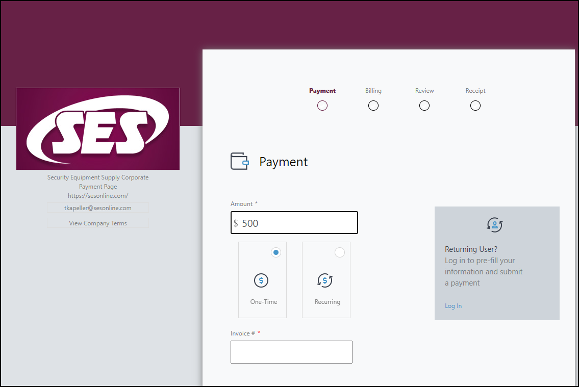 Screenshot of PayTrace page, branded with SES maroon.