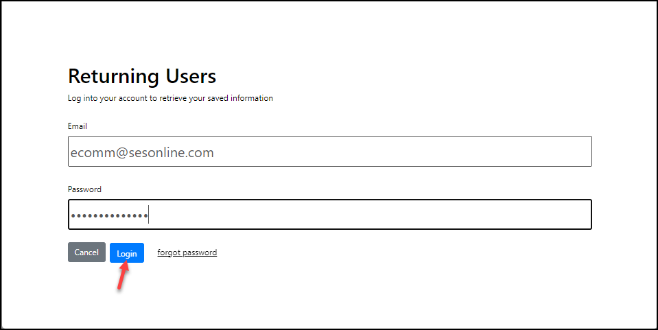 Screenshot of Returning Users page with login indicated.