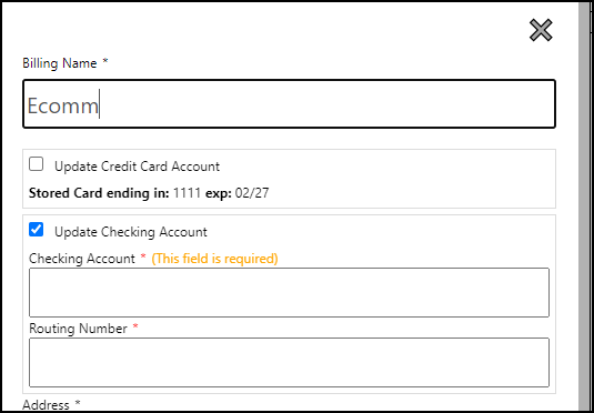 Screenshot of updating checking account information.