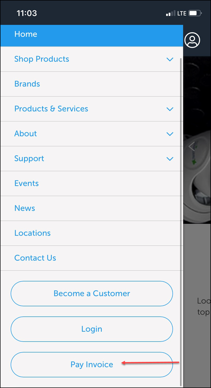 iPhone screenshot of side panel with Pay Invoice button indicated.