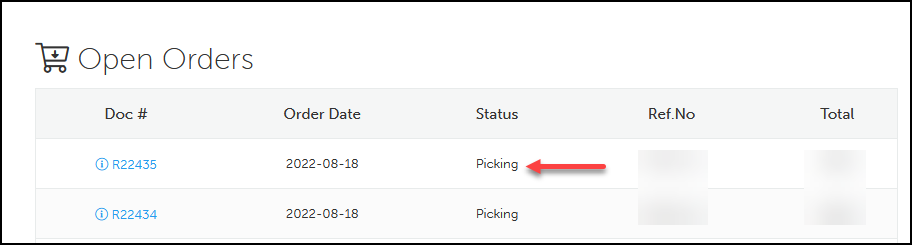 Screenshot of Open Orders page with Order Status indicated.