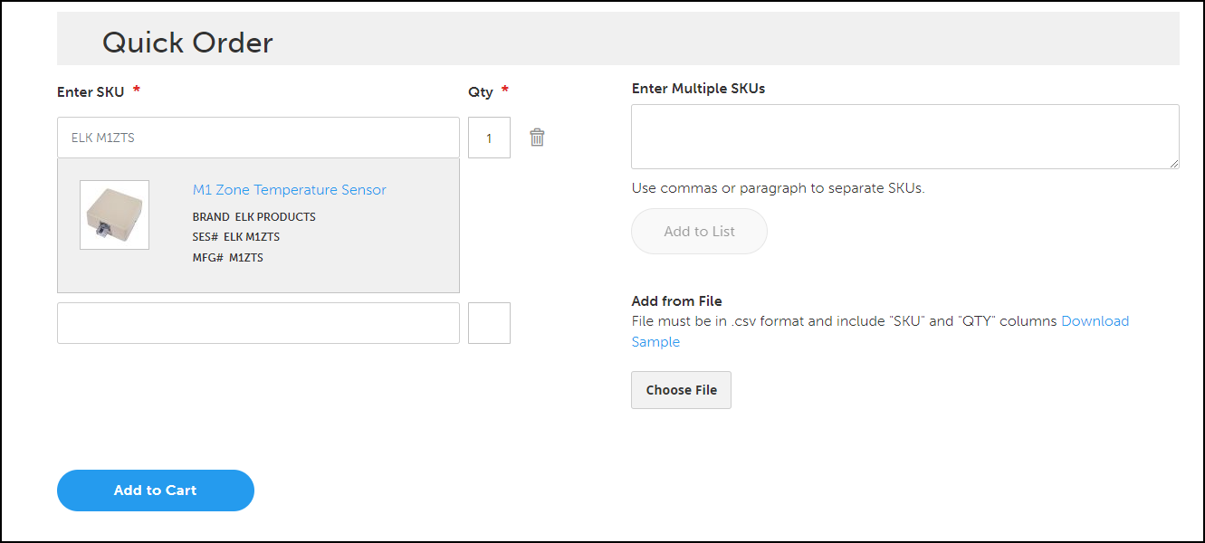 Screenshot of Quick Order function, with M1 Zone Temperature Sensor listed.