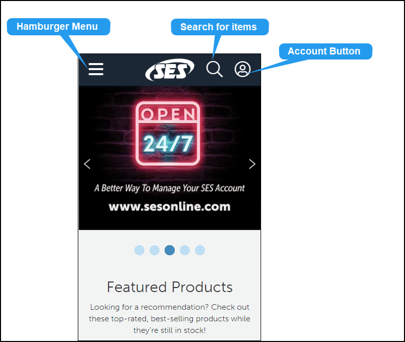 Mobile screenshot of SES Homepage with navigation indicated.
