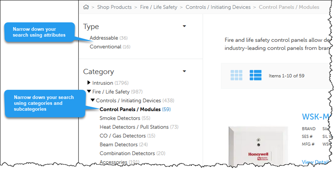 Screenshot of product listing page with Type attributes and Categories indicated on the left-hand side.