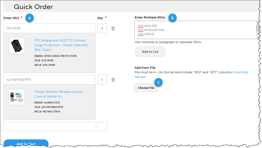 Screenshot of Quick Order page, with methods of adding items indicated (by SKU, Multiple SKUs, and CSV file upload).