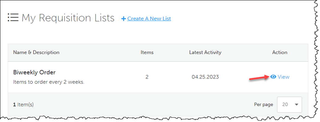 Screenshot of My Requisition List module page with View icon indicated.