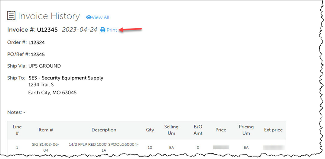 Screenshot of individual invoice with Print icon indicated.