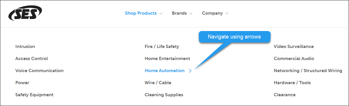 Screenshot of Shop Products categories and subcategories.