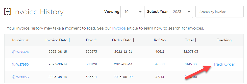 Screenshot of Invoice History with linked blue Track Order indicated.