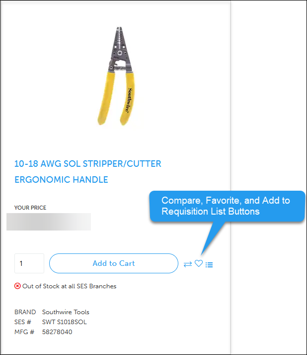 Screenshot of 10-18 AWG SOL Stripper Cutter Ergonomic Handle with Compare Products, Add to Favorites, and Add to Requisition List indicated.