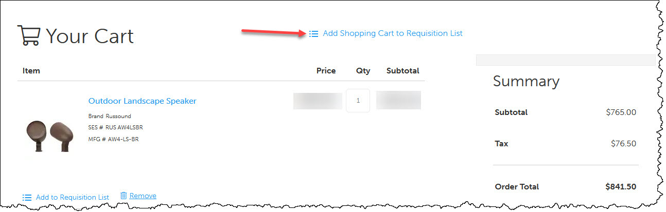 Screenshot of Russound Outdoor Landscape Speaker in Your Cart preview with Add Shopping Cart to Requisition List indicated.