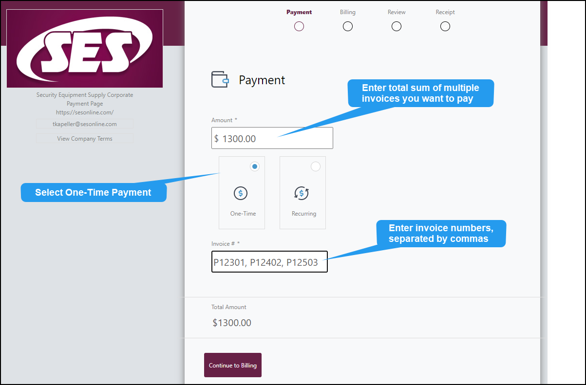 Screenshot of PayTrace gateway page, with total amount, type of payment, and invoice numbers indicated.