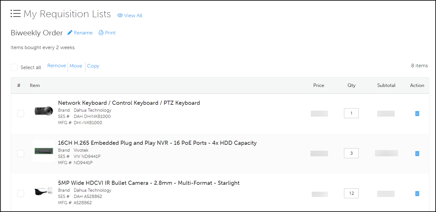 Screenshot of My Requisition List titled Biweekly Order.