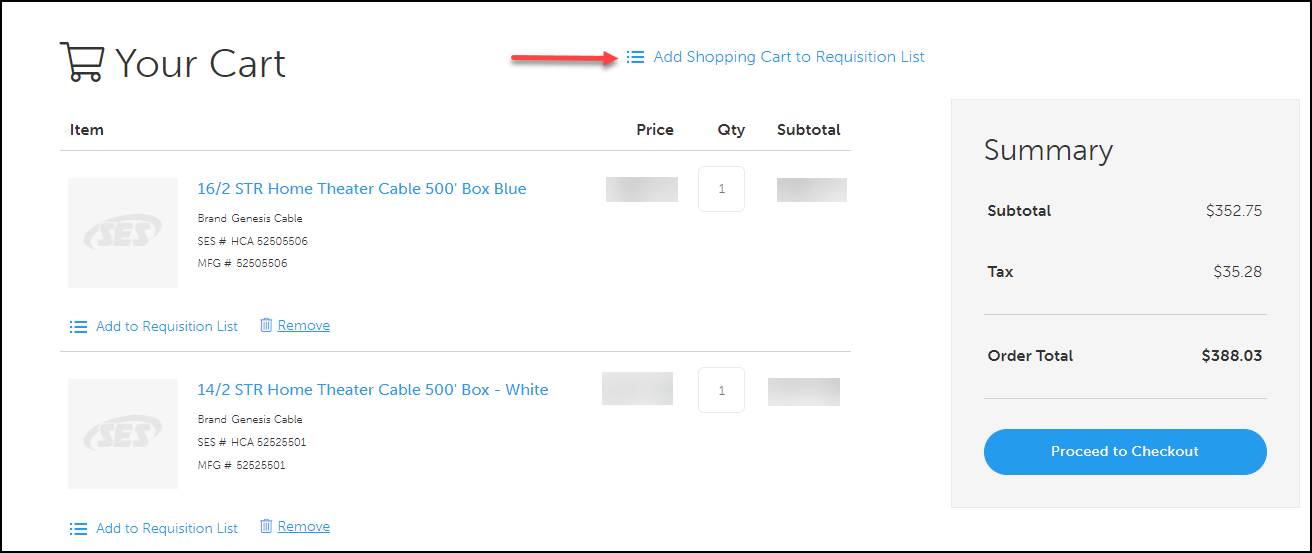 Screenshot of Your Cart with Add Shopping Cart to Requisition List indicated.