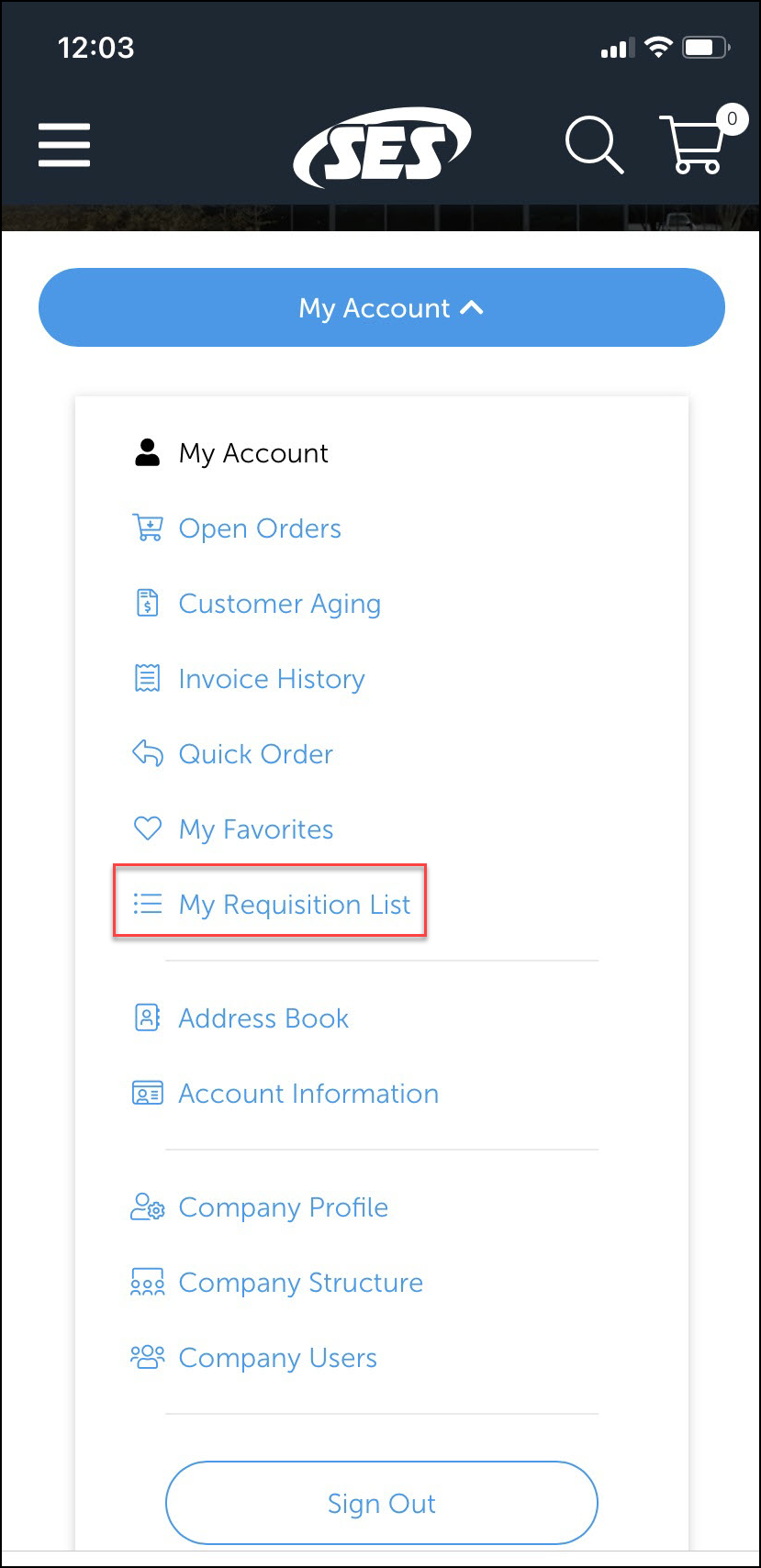 iPhone screenshot of My Account dropdown with My Requisition List indicated.
