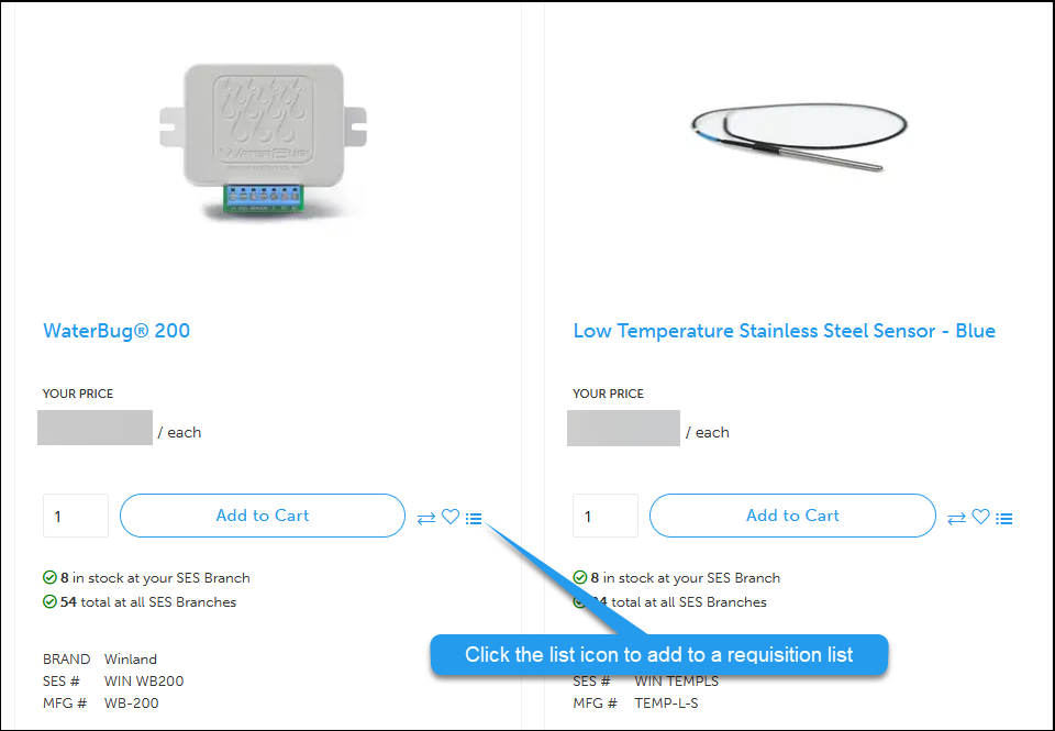 Screenshot of product listing grid with requisition list icon indicated.