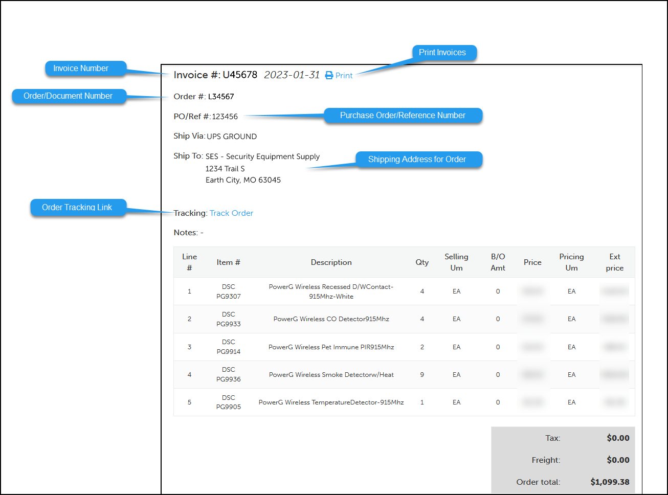 Screenshot of invoice document with invoice number, document number, tracking links, purchase order numbers, line items, and shipping address labeled.