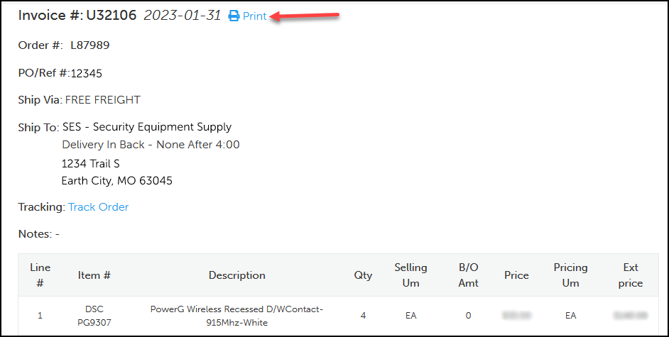 Screenshot of individual invoice with Print icon indicated.