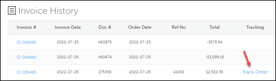 Screenshot of Invoice History list close-up with Track Order link indicated.