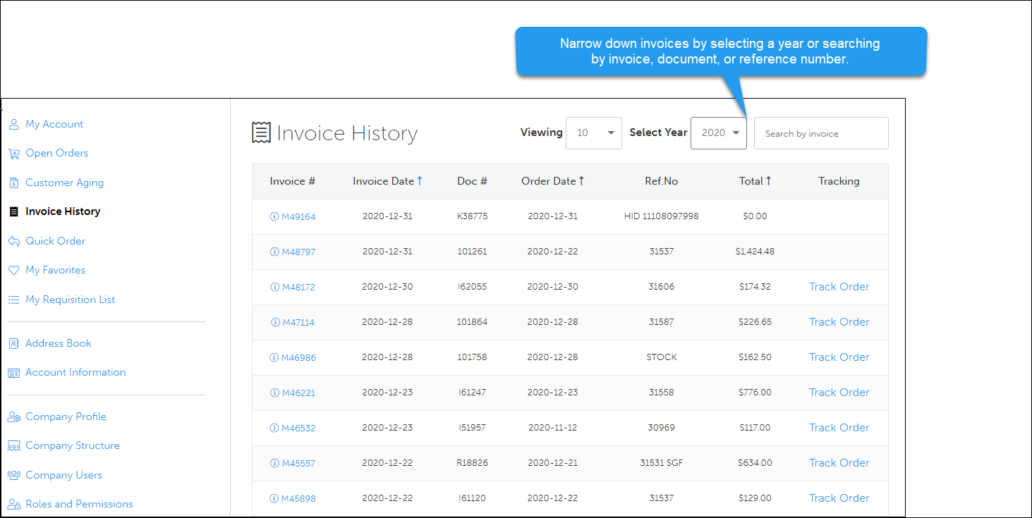 Screenshot of Invoice History with year dropdown and search by invoice, document, or reference number indicated.