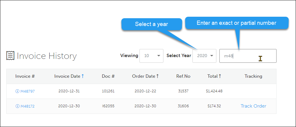 Screenshot of Invoice History page with Year dropdown and search box indicated.
