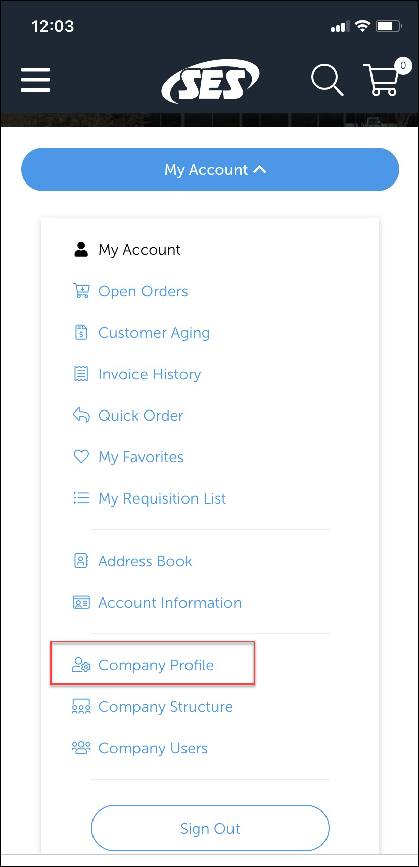iPhone screenshot of My Account dropdown with Company Profile indicated.