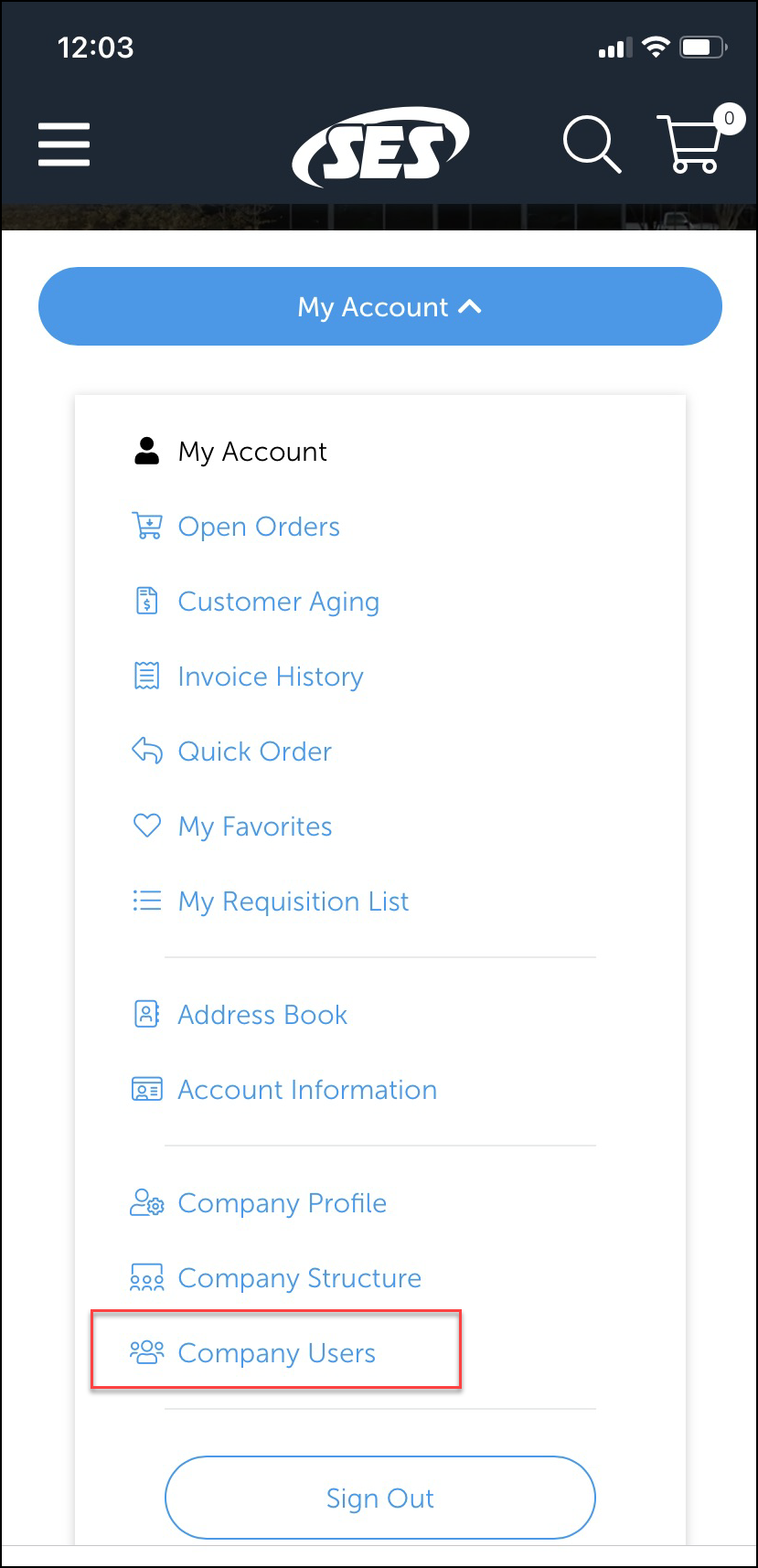 iPhone screenshot of My Account dropdown with Company Users indicated.