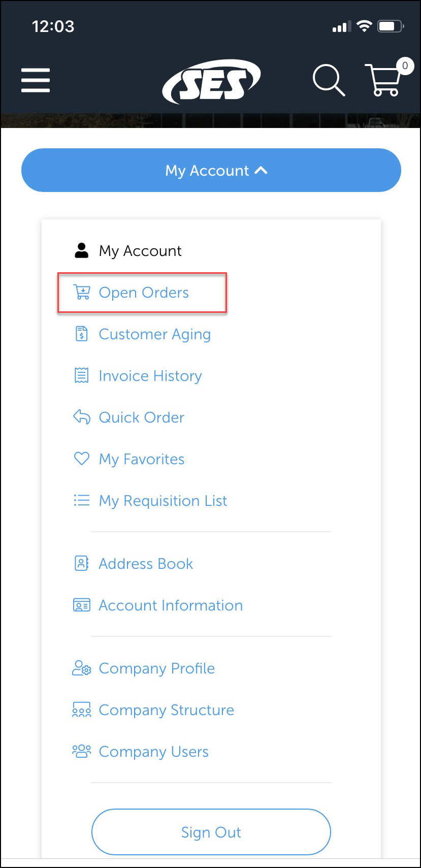 iPhone screenshot of My Account dropdown with Open Orders indicated.