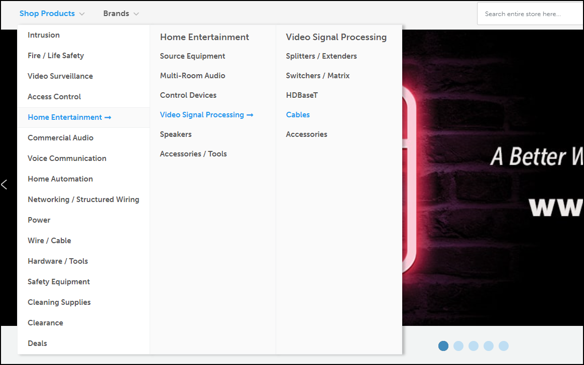 Screenshot of Shop Products dropdown, which is organized by categories and subcategories.