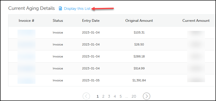 Screenshot of single customer aging bucket with Current Aging Details list and 'Display this List' link indicated for exporting..
